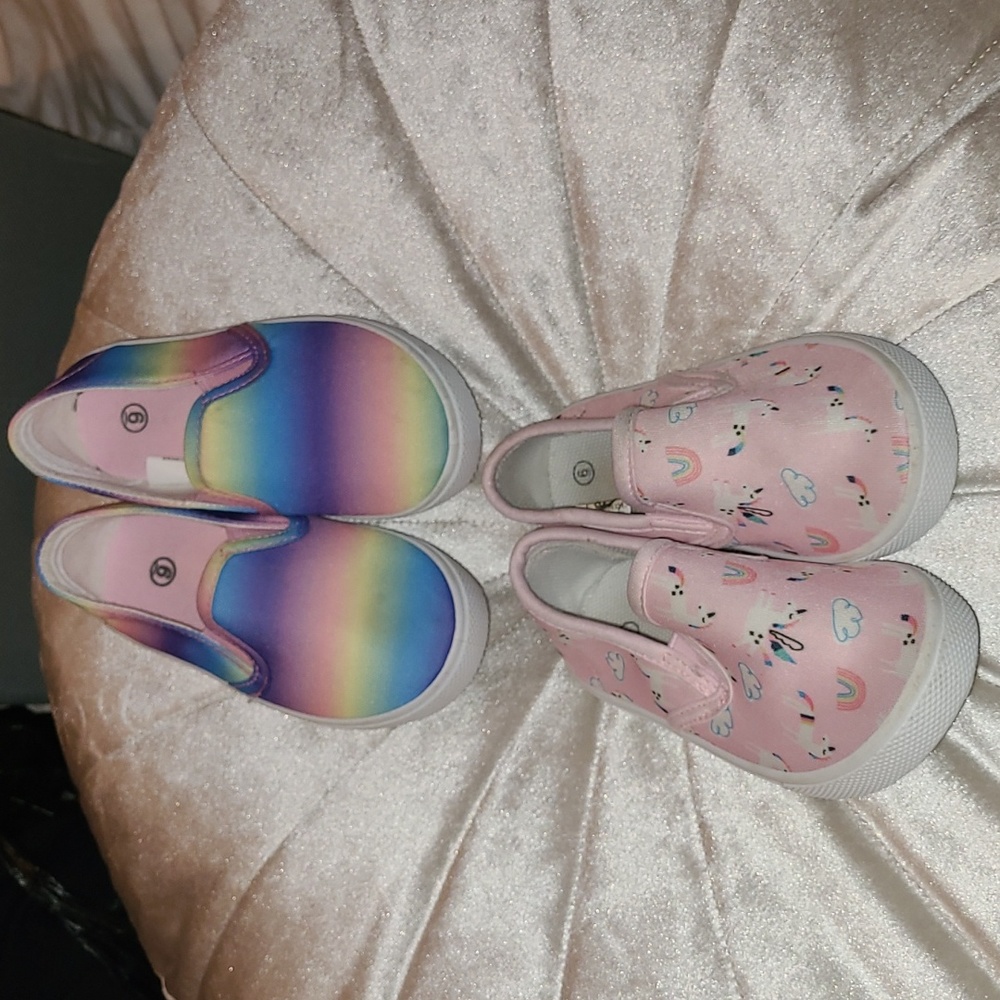 Baby Girls size 6 set of 2 pair slip on canvas shoes colorful unicorn rainbows